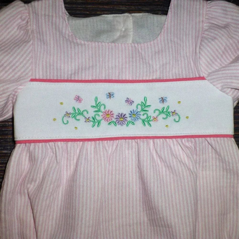 Boutique Baby Girls Embroidered Flowers Striped Pink Bubble Romper Jumpsuit